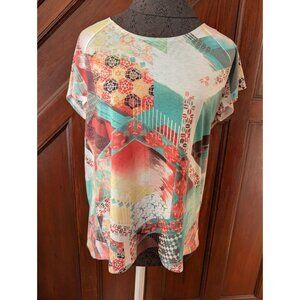 Chicos Multicolor Geometric Print Pleated Back Top Size L 100% Polyester Womens